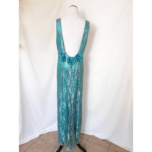 80s Handmade Teal Green Vtg Prom Lace Overlay Dress and Mermaid Hem - Picture 4 of 10